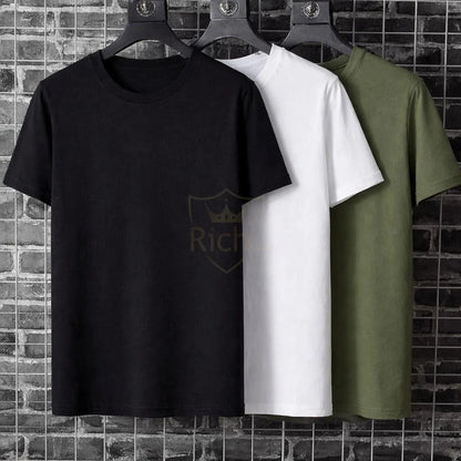 Premium Pack of 3 Crew Neck T-Shirts Black White Olive Green